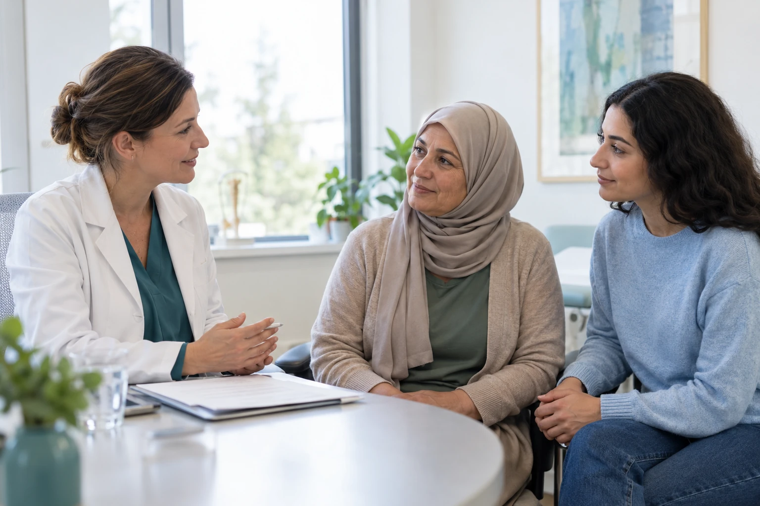 A patient and family member in conversation with a doctor